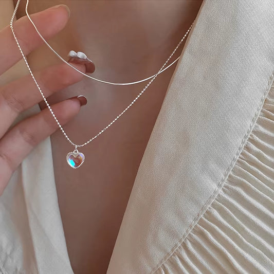Silver Color Double Love Heart-Shaped Moonstone Pendant Necklace Women Gradient Gemstone Clavicle Chain Couple
