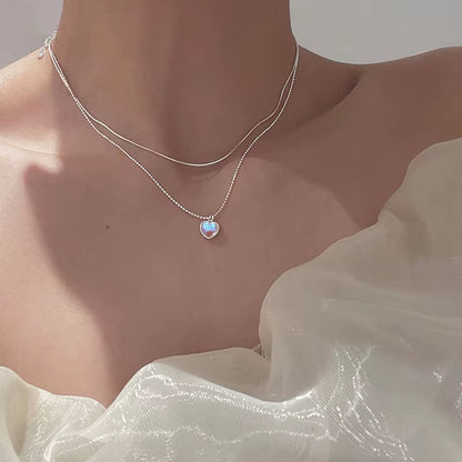 Silver Color Double Love Heart-Shaped Moonstone Pendant Necklace Women Gradient Gemstone Clavicle Chain Couple