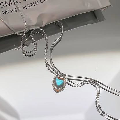 Silver Color Double Love Heart-Shaped Moonstone Pendant Necklace Women Gradient Gemstone Clavicle Chain Couple
