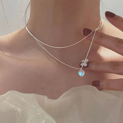 Silver Color Double Love Heart-Shaped Moonstone Pendant Necklace Women Gradient Gemstone Clavicle Chain Couple